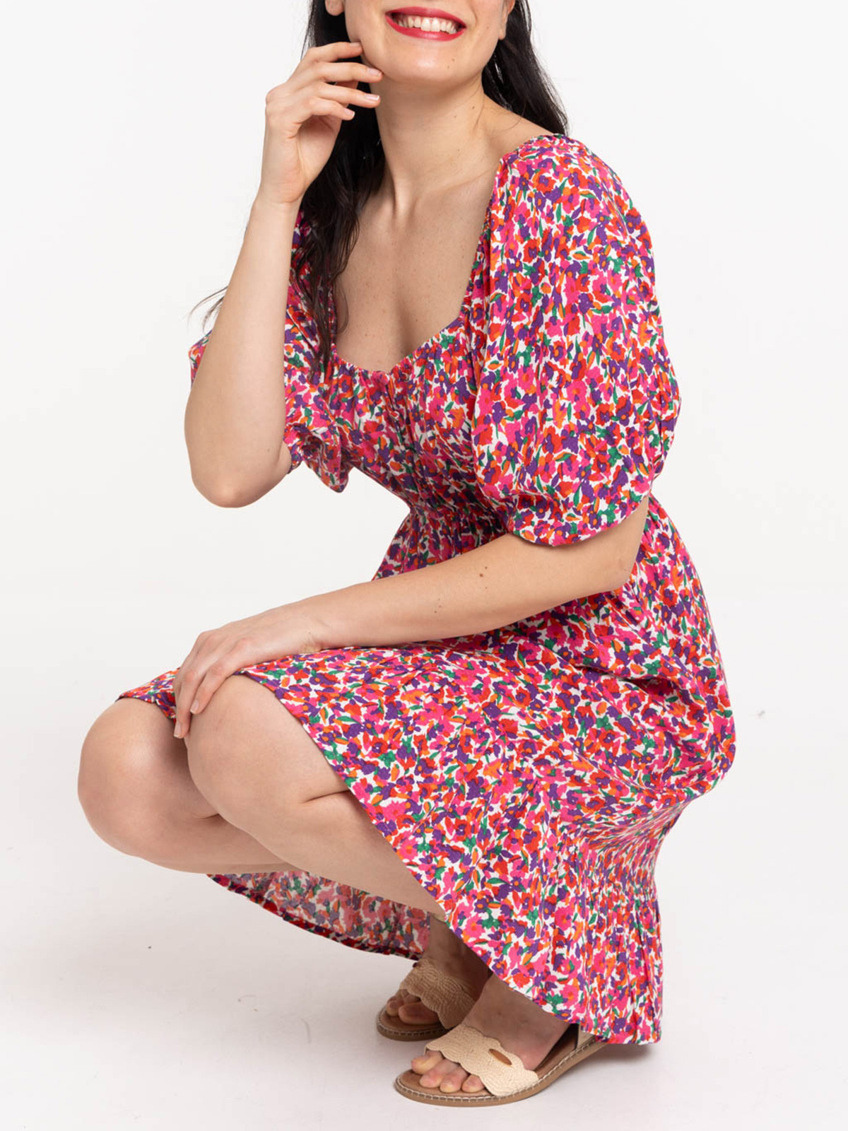 Robe fleurie liens pompons dos femme