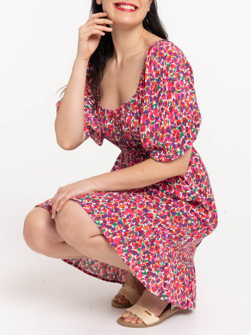 Robe fleurie liens pompons dos femme