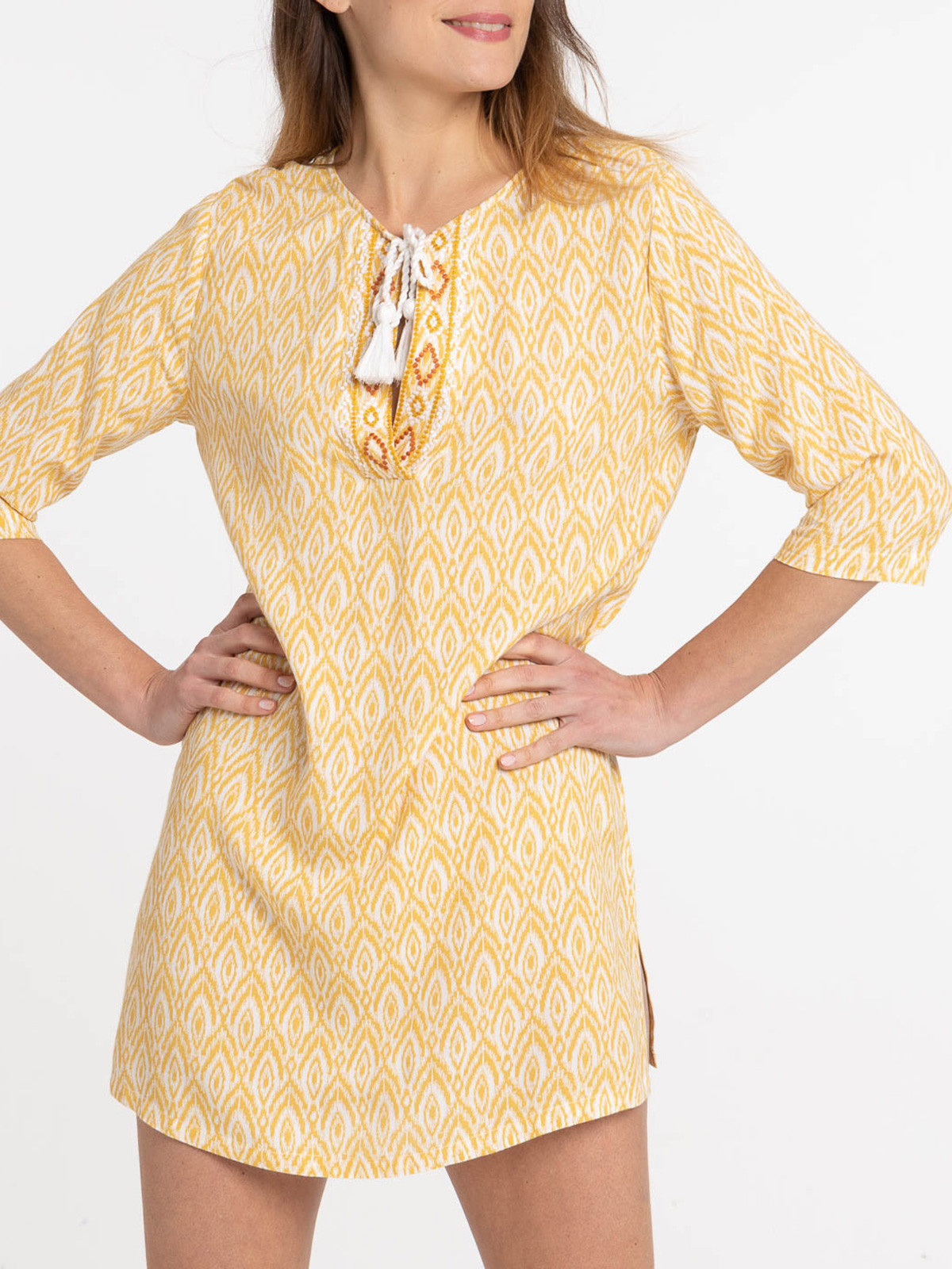 Robe ocre jaune imprimée femme