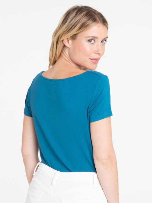 T-shirt col V dentelle bleu...