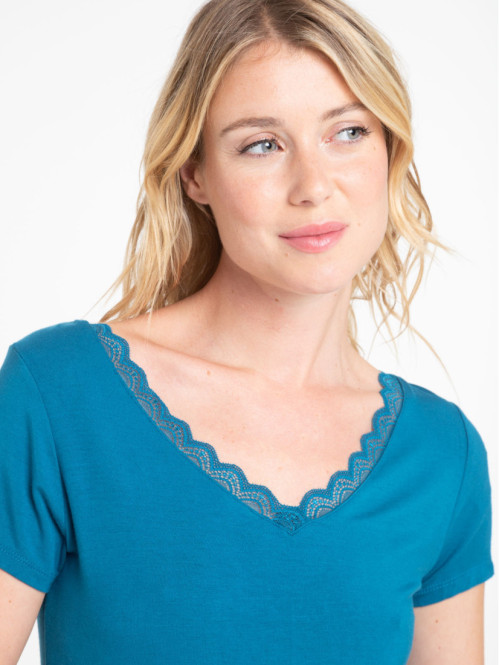T-shirt col V dentelle bleu...
