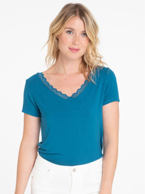 T-shirt col V dentelle bleu...