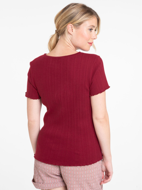 T-shirt col rond boutonné bordeaux femme