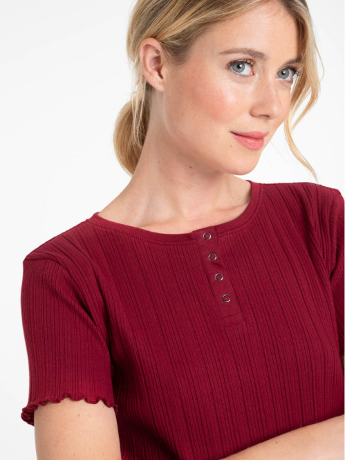 T-shirt col rond boutonné bordeaux femme