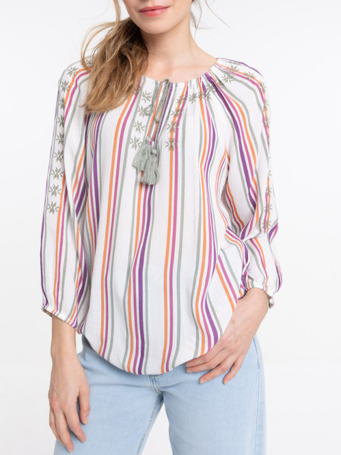 Blouse rayée et brodée femme