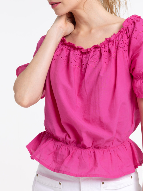 Blouse broderie anglaise fushia femme