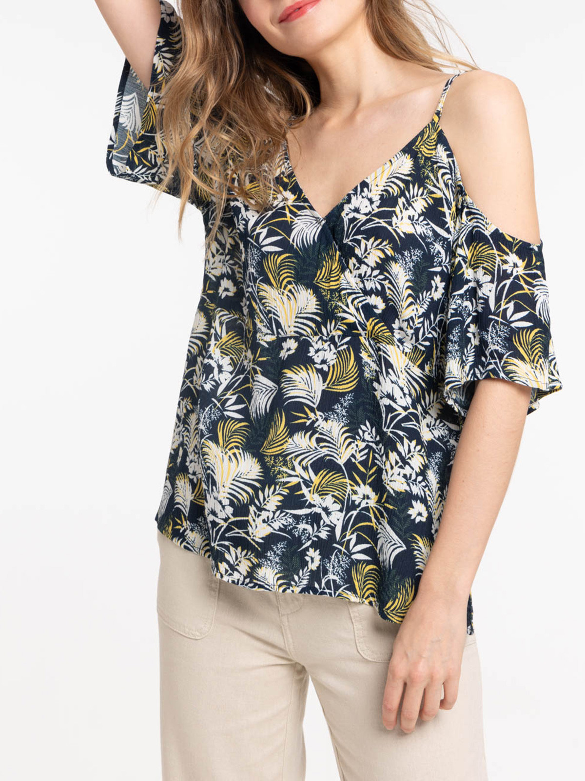 Blouse florale épaules dénudées femme