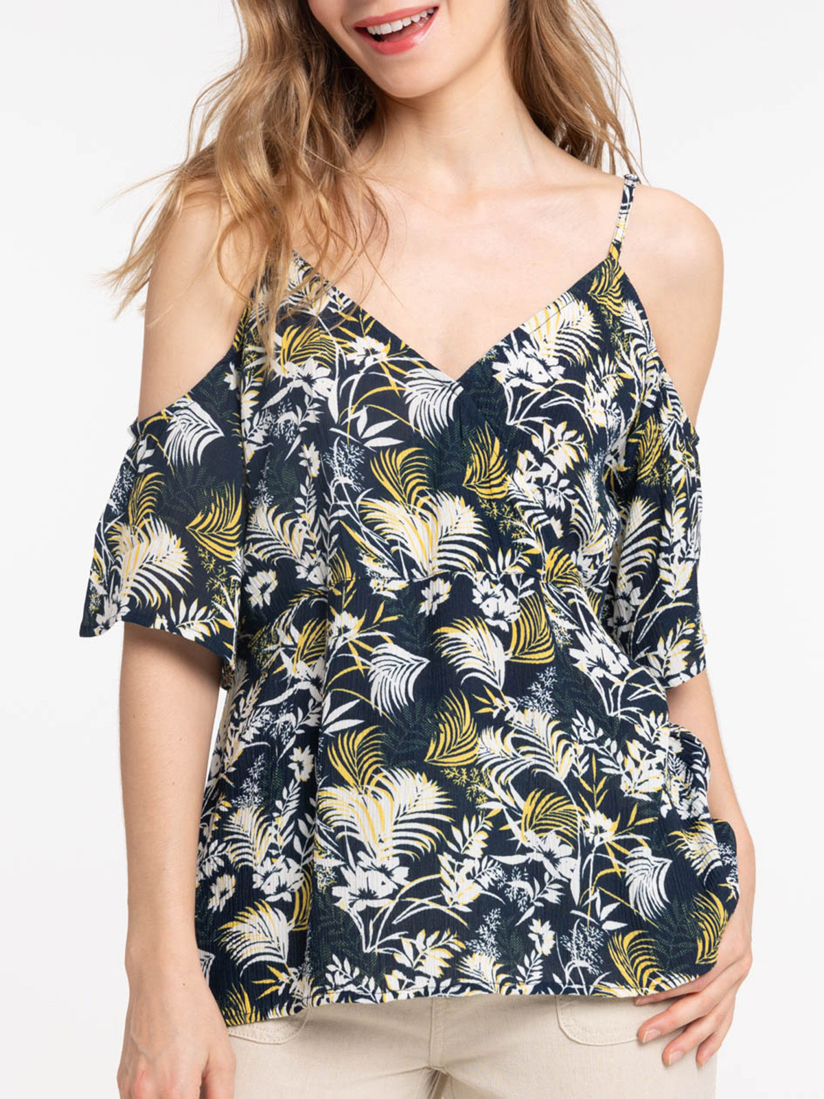 Blouse florale épaules dénudées femme