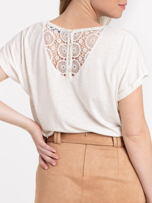T-shirt dentelle macramé dos écru femme