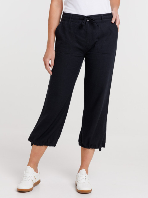 Pantacourt lin noir femme