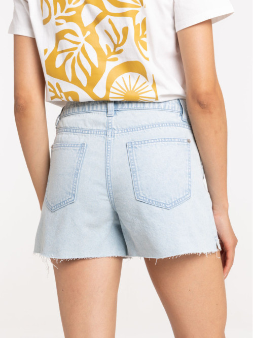 Short denim frangé femme