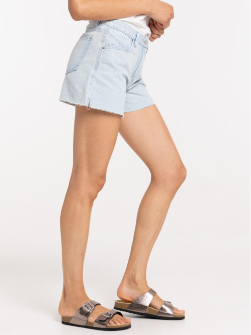 Short denim frangé femme