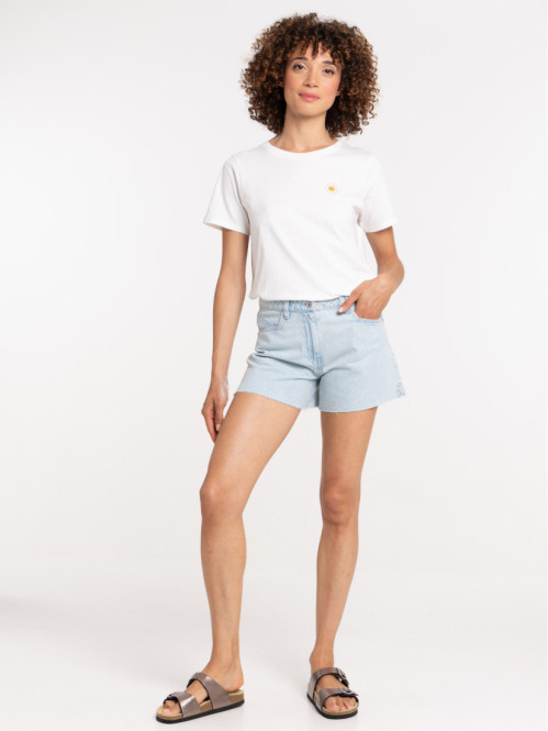 Short denim frangé femme