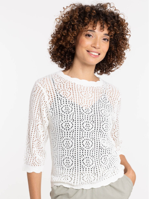 Pull maille crochet femme écru