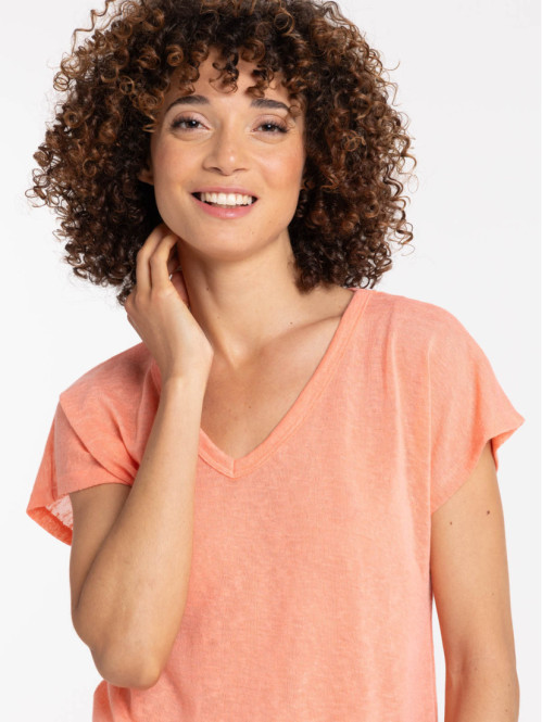 T-shirt col V corail femme