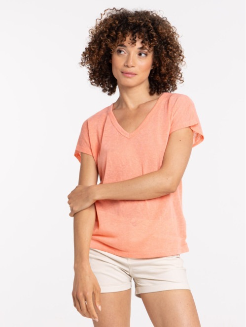 T-shirt col V corail femme