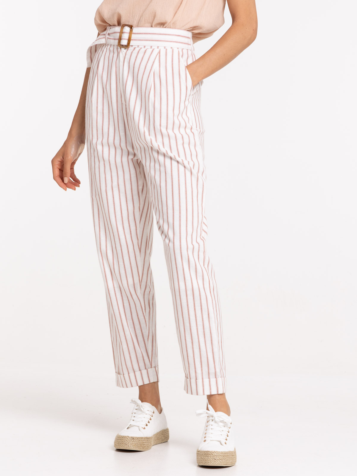 Pantalon rayé écru et sienne femme