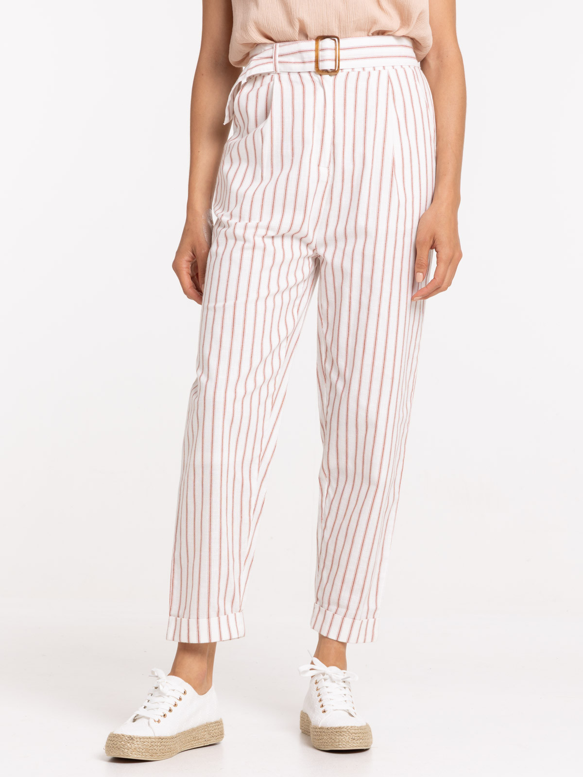 Pantalon rayé écru et sienne femme