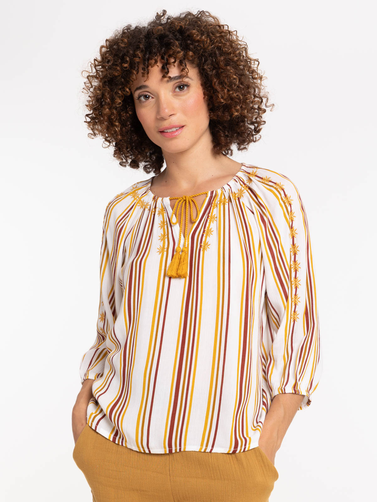 Blouse brodée et rayée femme