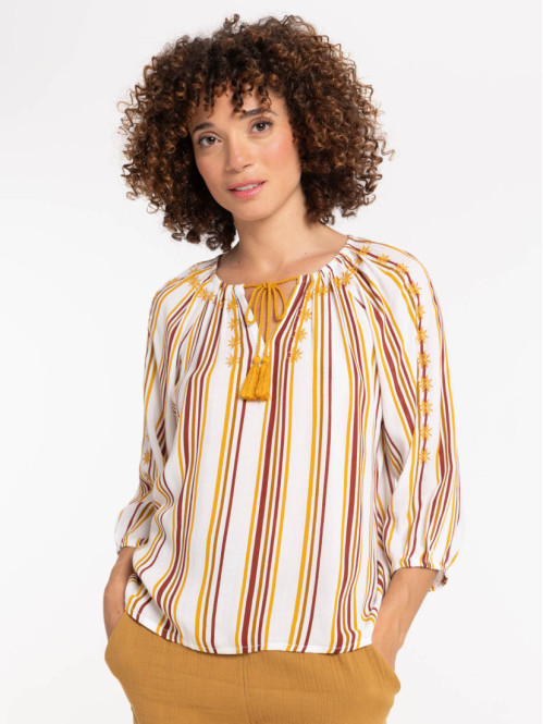 Blouse brodée et rayée femme