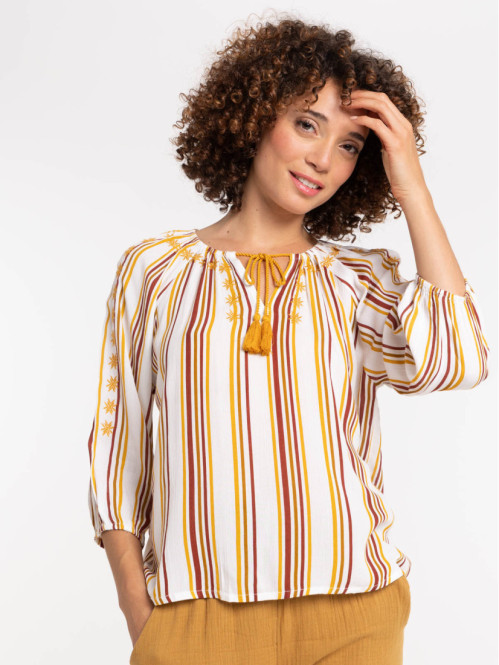 Blouse brodée et rayée femme