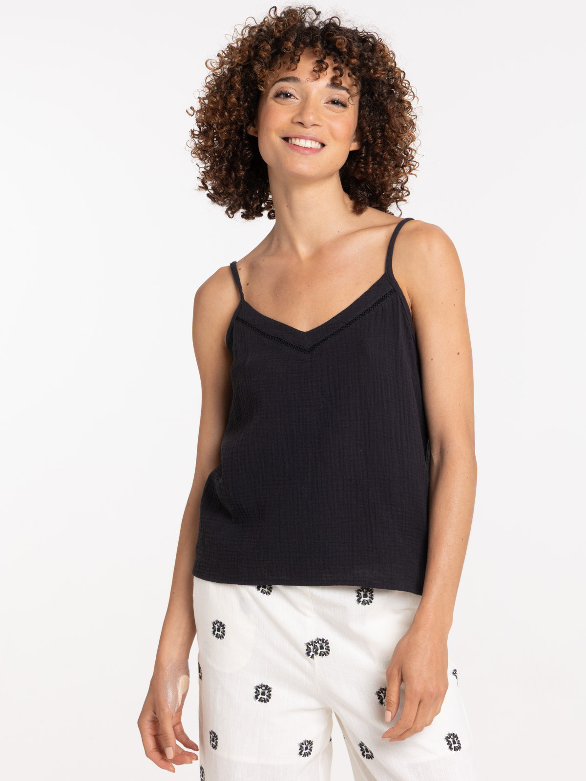 Débardeur noir double gaze coton femme