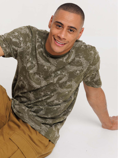 T-shirt col rond motif tropical homme
