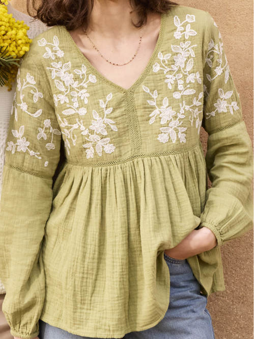 Blouse double gaze coton brodée femme Blouse double gaze coton brodée femme