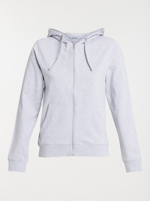 Sweat zippé à capuche gris chiné femme