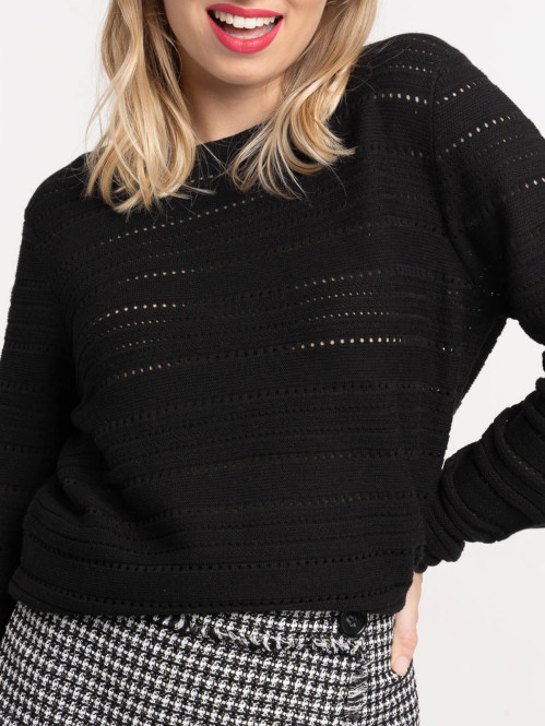 Pull noir maille ajourée femme