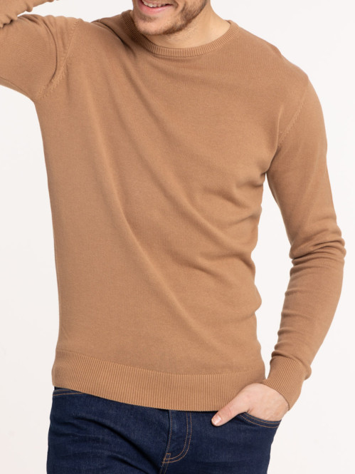 Pull col rond fauve homme