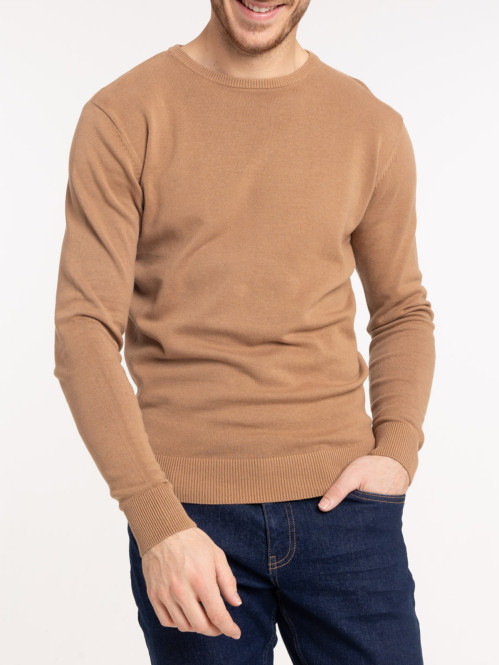 Pull col rond fauve homme