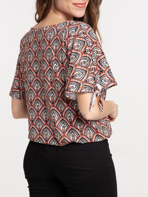 T-shirt col V imprimé ethnique femme