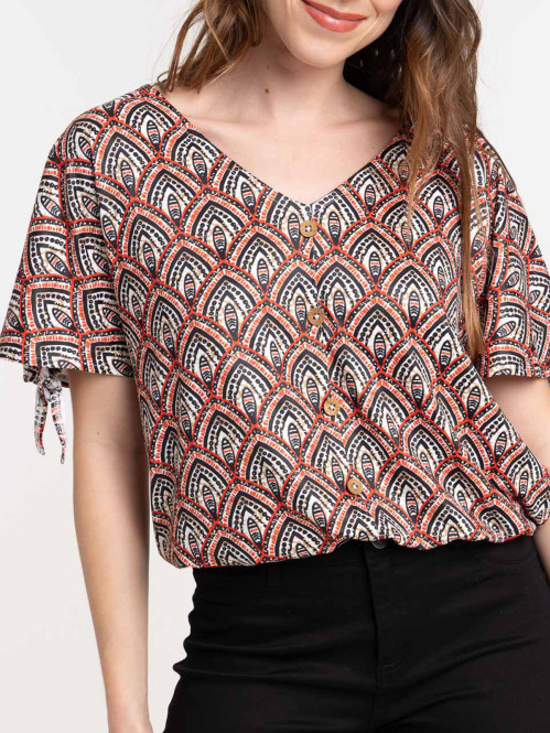 T-shirt col V imprimé ethnique femme