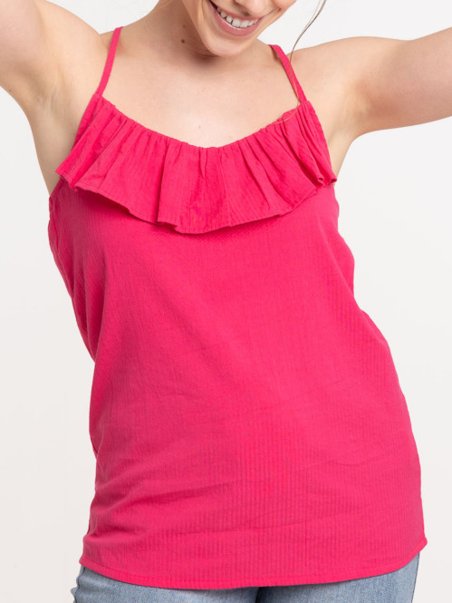 Top à bretelles seersucker fushia femme