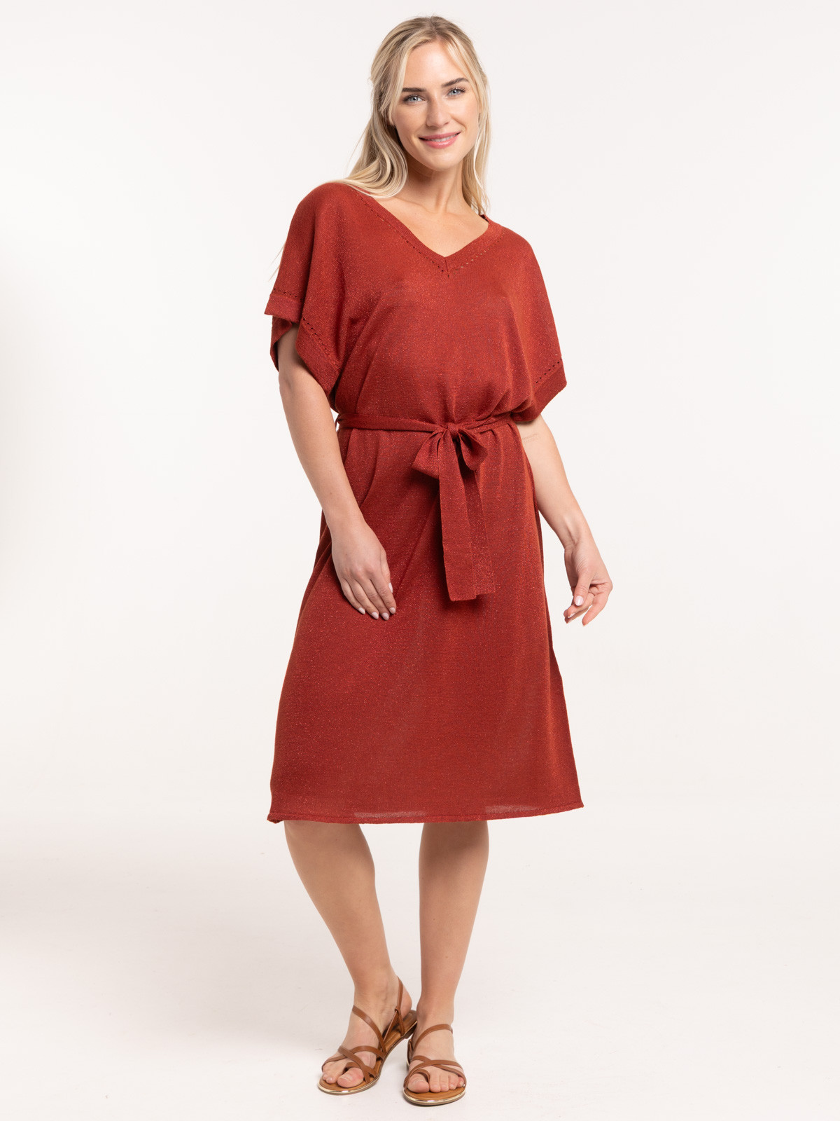 Robe sienne maille tricot col V femme