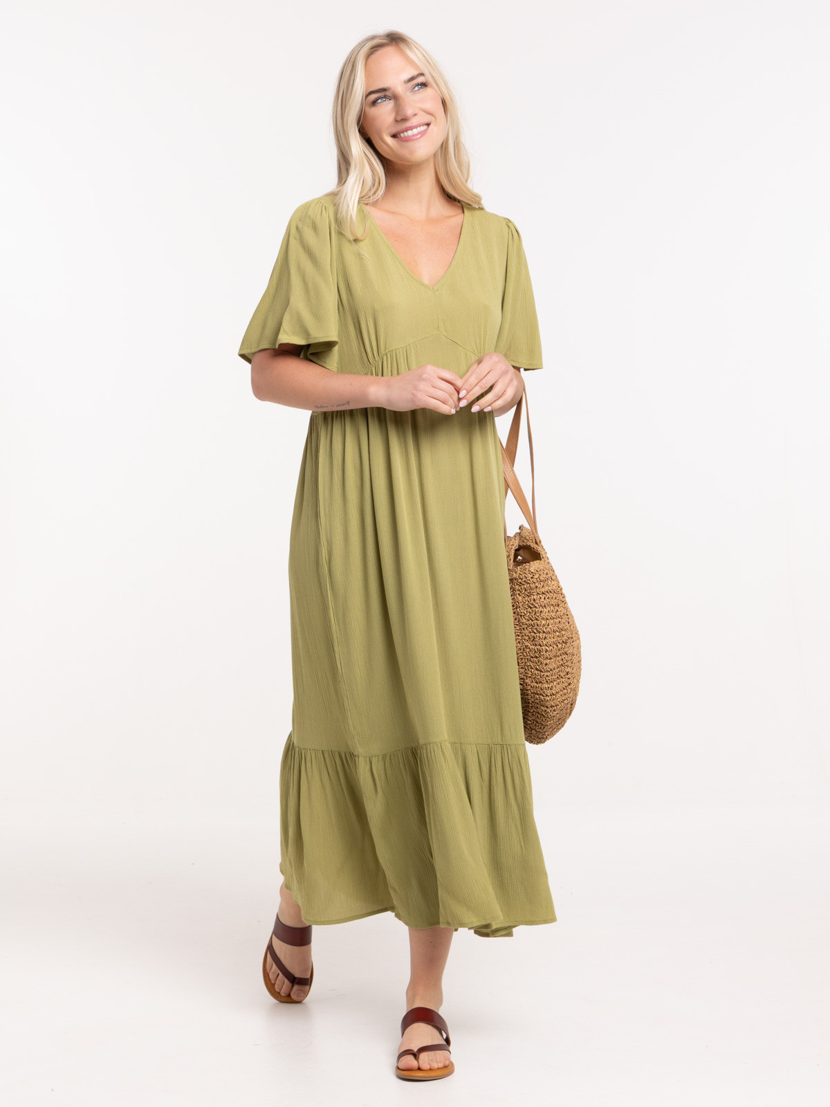 Robe longue guacamole col V femme