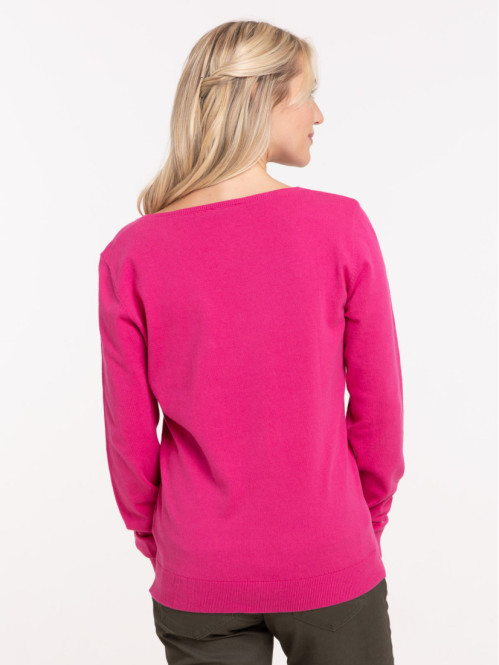 Pull fin col V fushia femme