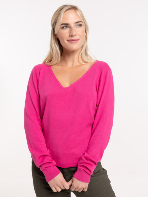Pull fin col V fushia femme