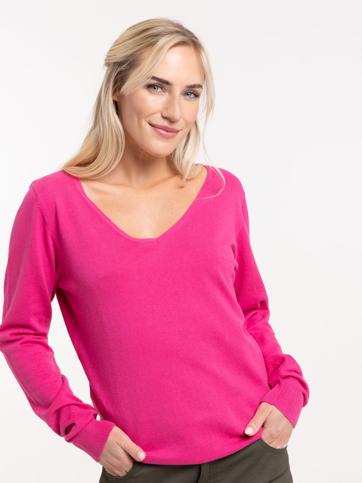 Pull fin col V fushia femme