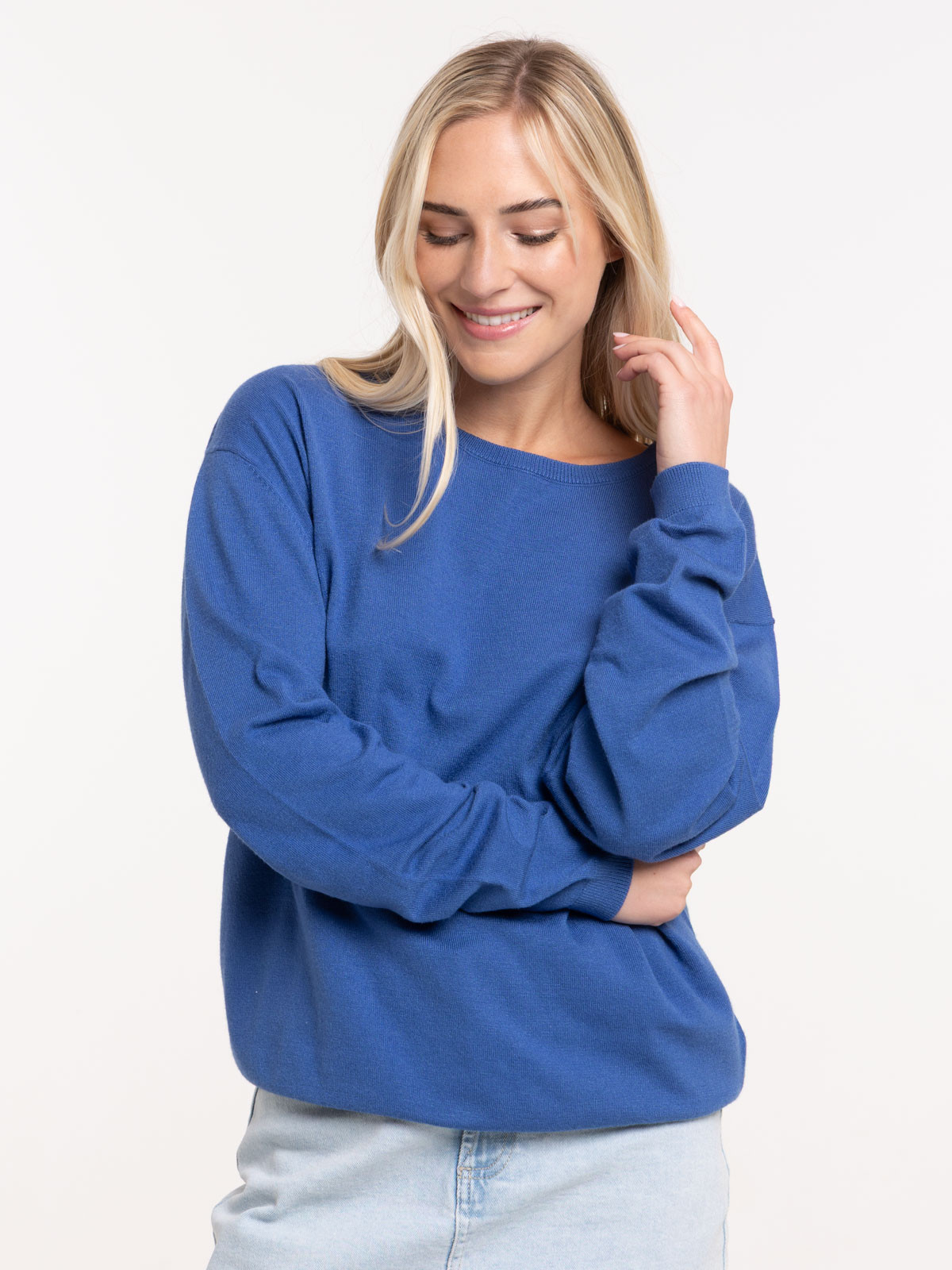 Pull fin col rond bleu cobalt femme