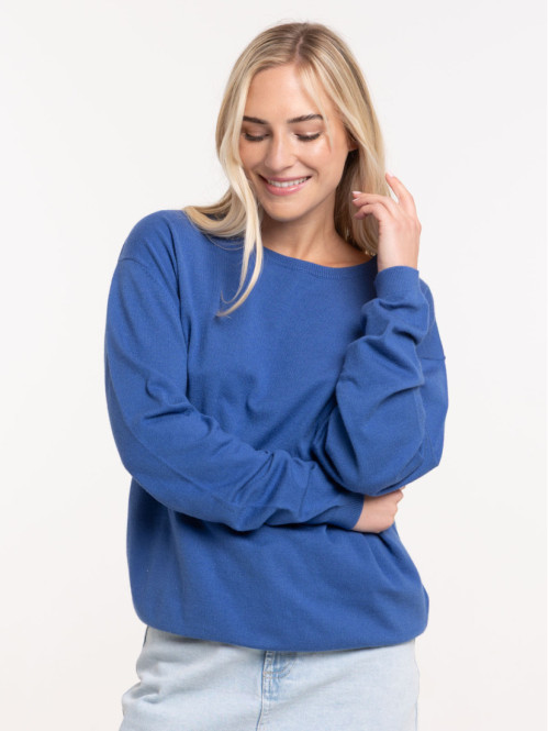 Pull fin col rond bleu cobalt femme