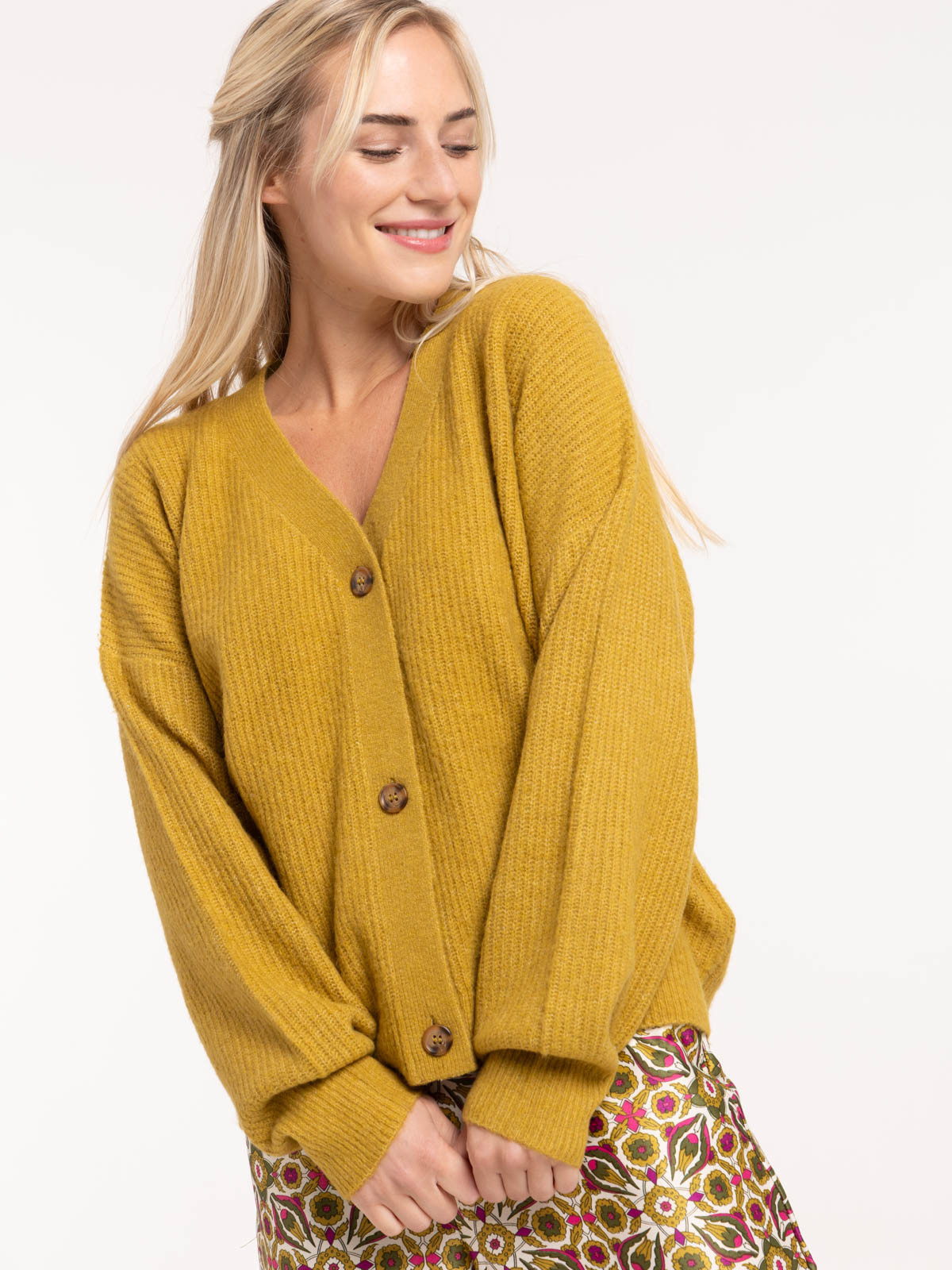 Gilet boutonné col V vert indien femme