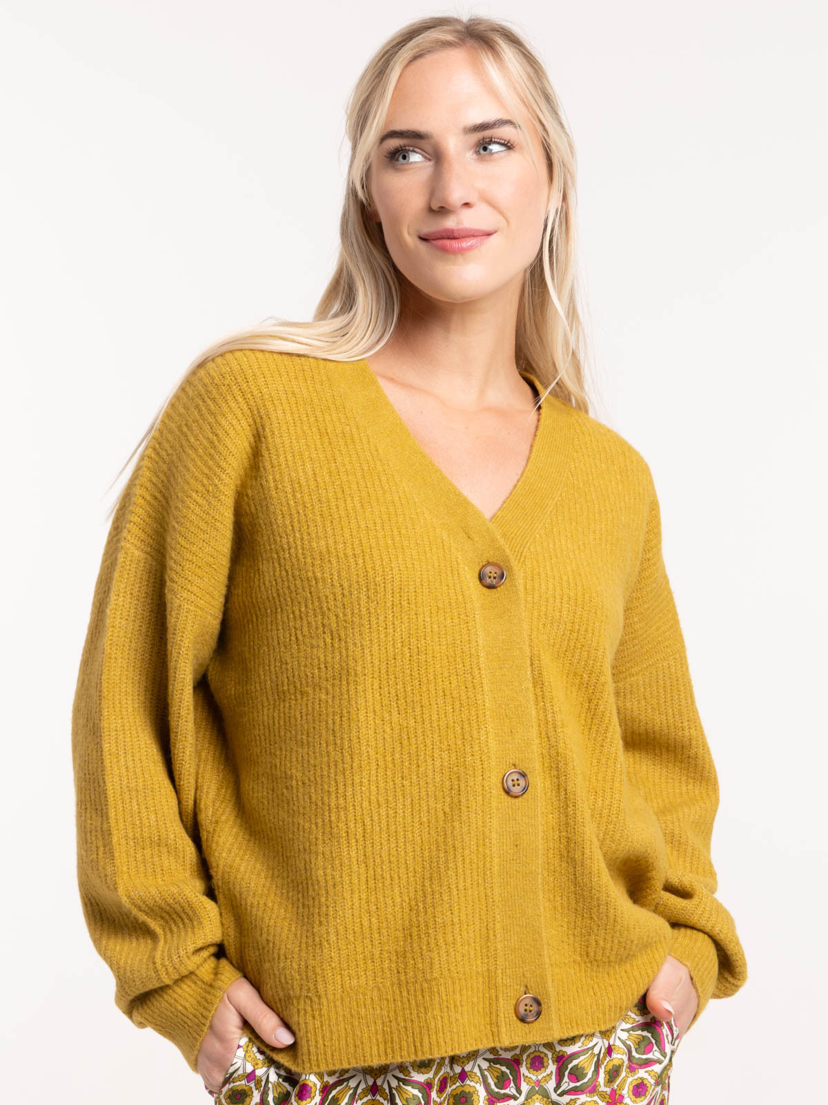 Gilet boutonné col V vert indien femme