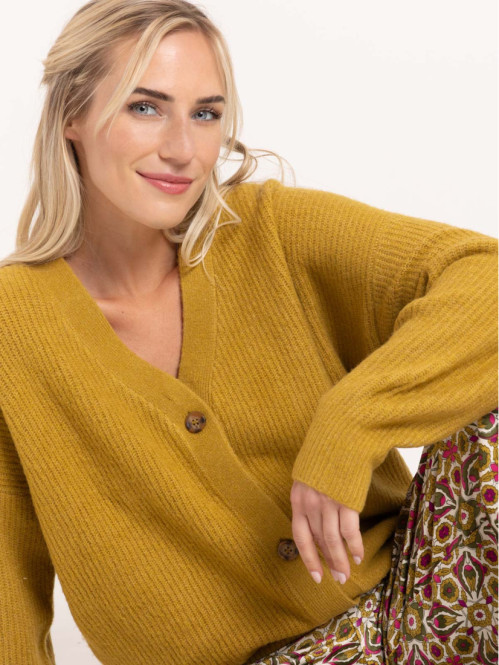 Gilet boutonné col V vert indien femme