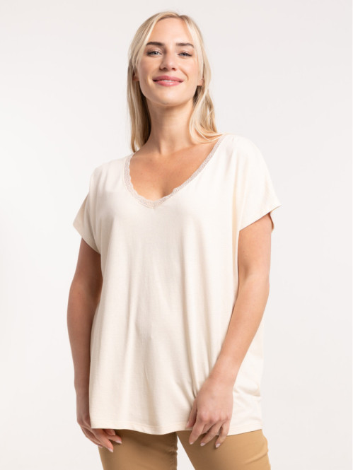 Tee-shirt linen col V dentelle femme