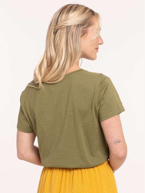 Tee-shirt col V kaki indien femme