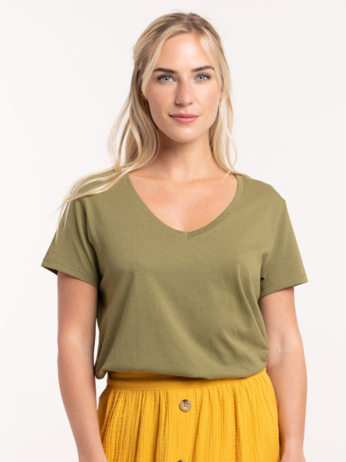 Tee-shirt col V kaki indien femme