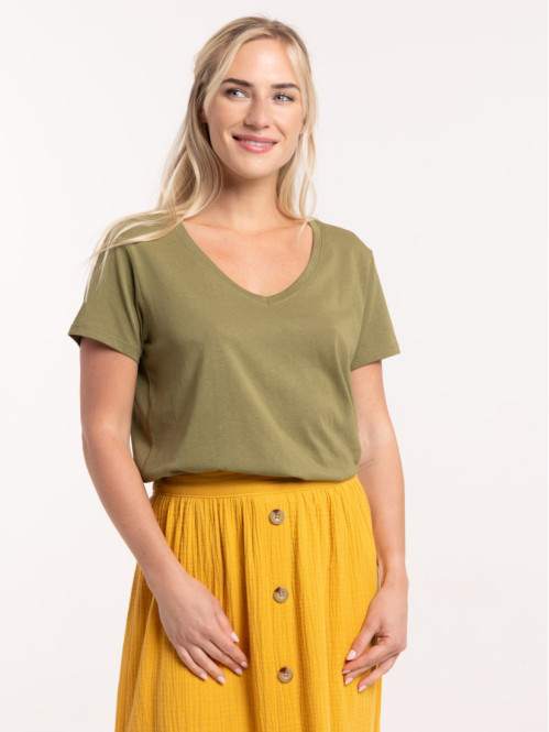 Tee-shirt col V kaki indien femme