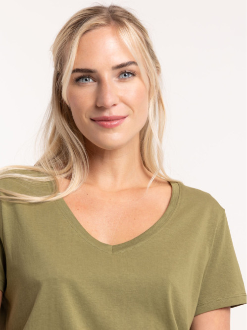 Tee-shirt col V kaki indien femme